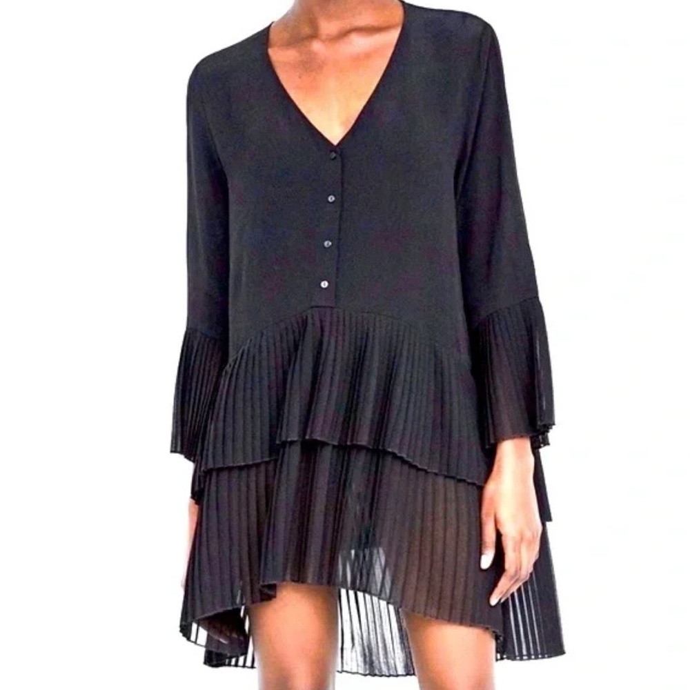 ZARA WOMAN V-neck Tiered Pleated Bell Sleeve Chiffon Tunic Dress Sheer M